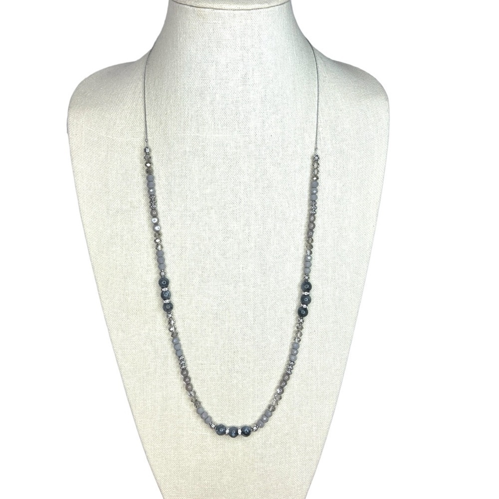 Adjustable Length Gray Beaded Silver Necklace